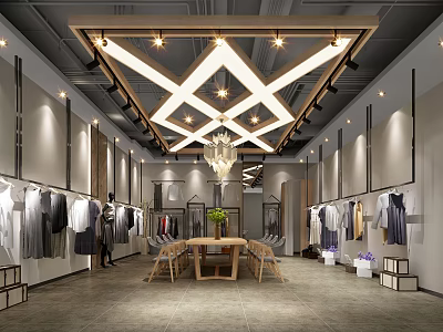 Stylish Clothing Store with Modern Ceiling Design Clothing Displays on Racks Wooden Table and Chairs 3d model