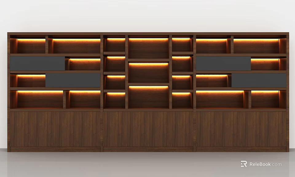 Modern Wooden Bookcase With LED Strip Lighting And Multiple Storage Compartments 3d model