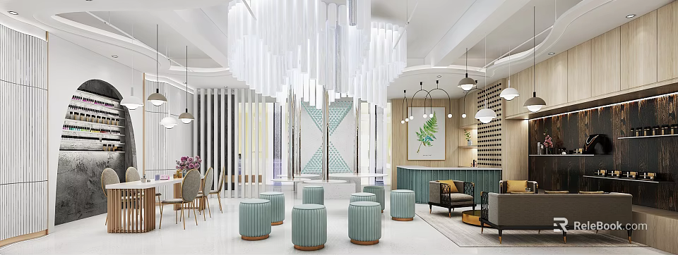 Modern Beauty Hair Salon Interior With White Chandelier Green Stools And Reception Area 3d model 