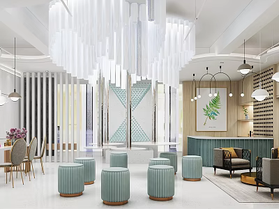 Modern Beauty Hair Salon Interior With White Chandelier Green Stools And Reception Area 3d model