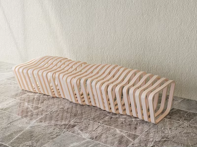 Modern Public Chair With Light Wood Wavy Striped Design On Marble Floor And Light Wall 3d model