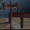 Outdoor Fire Safety Equipment With Red Fire Extinguisher On Wooden Platform And Stone Pavement