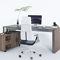 Modern Office Desk With White And Black Chair Computer Monitor Potted Plant And Side Cabinet