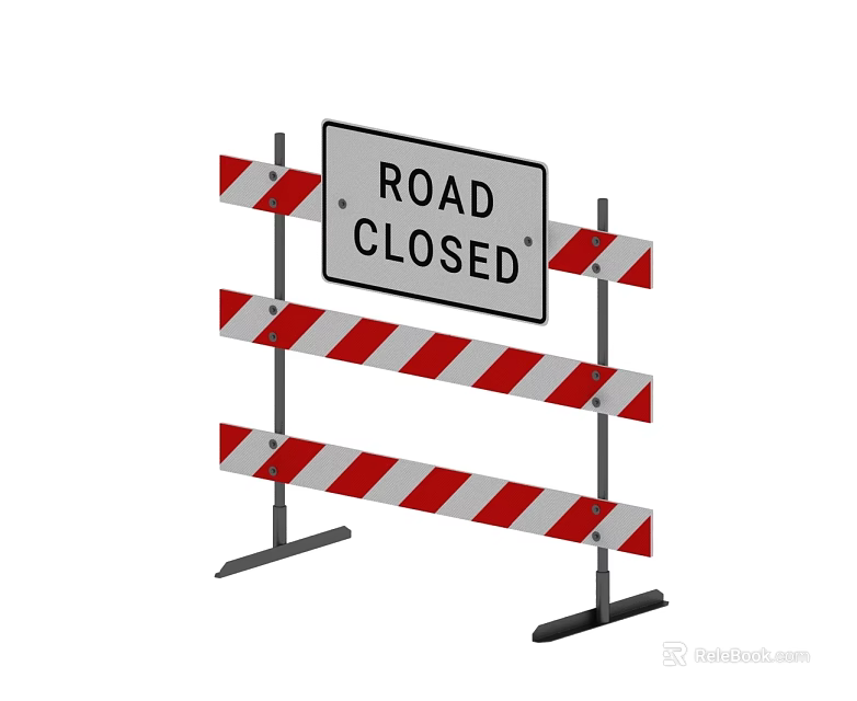 Red And White Striped Road Barrier With Road Closed Sign 3d model 