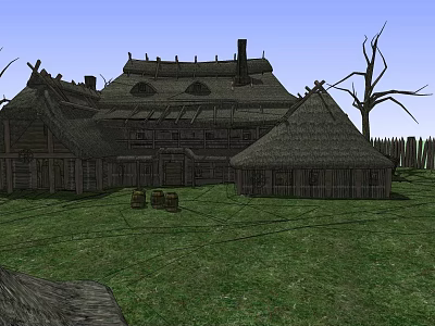 Traditional Thatched Cottage with Rustic Wooden Structure Green Lawn and Dry Trees 3d model