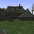 Traditional Thatched Cottage with Rustic Wooden Structure Green Lawn and Dry Trees