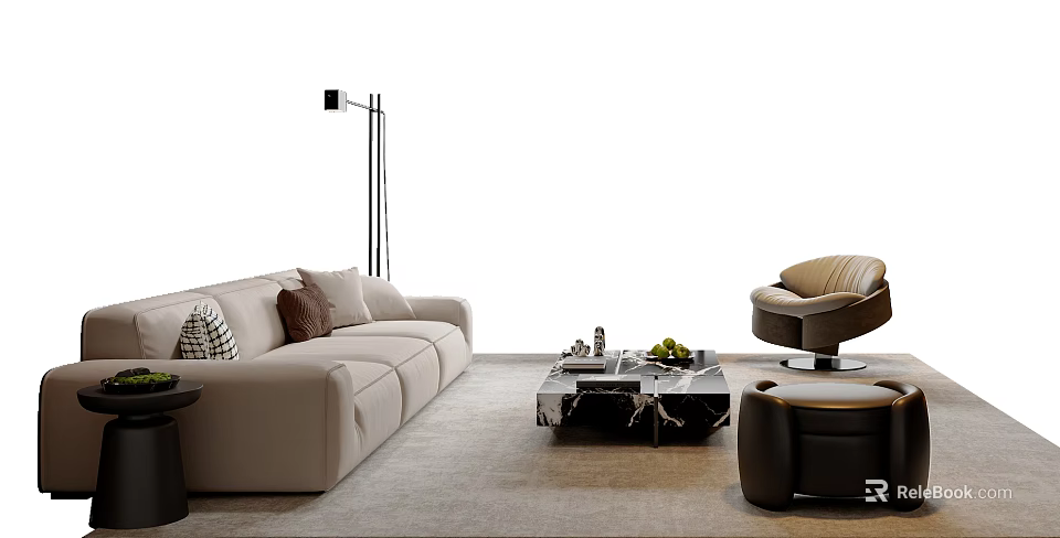 Modern Beige Sofa Set With Cushions Floor Lamp Coffee Table Brown Armchair And Ottoman 3d model 