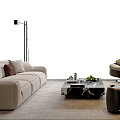 Modern Beige Sofa Set With Cushions Floor Lamp Coffee Table Brown Armchair And Ottoman