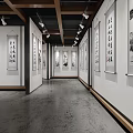 Exhibition Hall With Hanging Calligraphy Paintings White Walls Wooden Ceiling And Lighting Fixtures