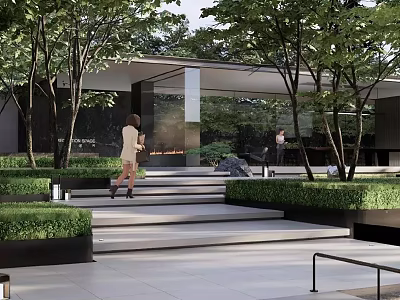 Modern Architectural Exterior With Trees Steps And Landscaped Courtyard 3d model