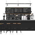 Modern Bar Counter Interior With Hanging Menu Board Coffee Machine And Wooden Stools