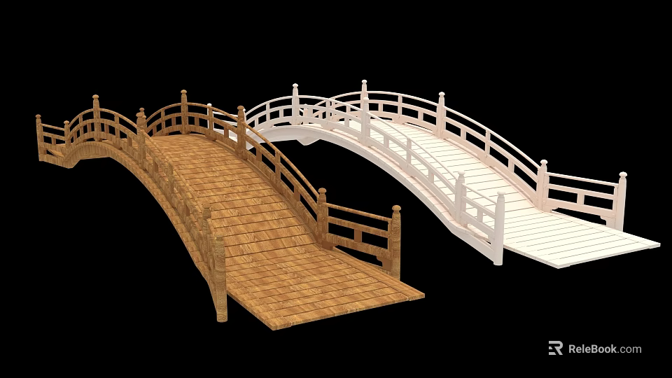 Ancient Architectural Bridges With Brown Wooden Deck And White Railings Design 3d model 