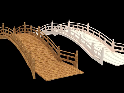 Ancient Architectural Bridges With Brown Wooden Deck And White Railings Design 3d model