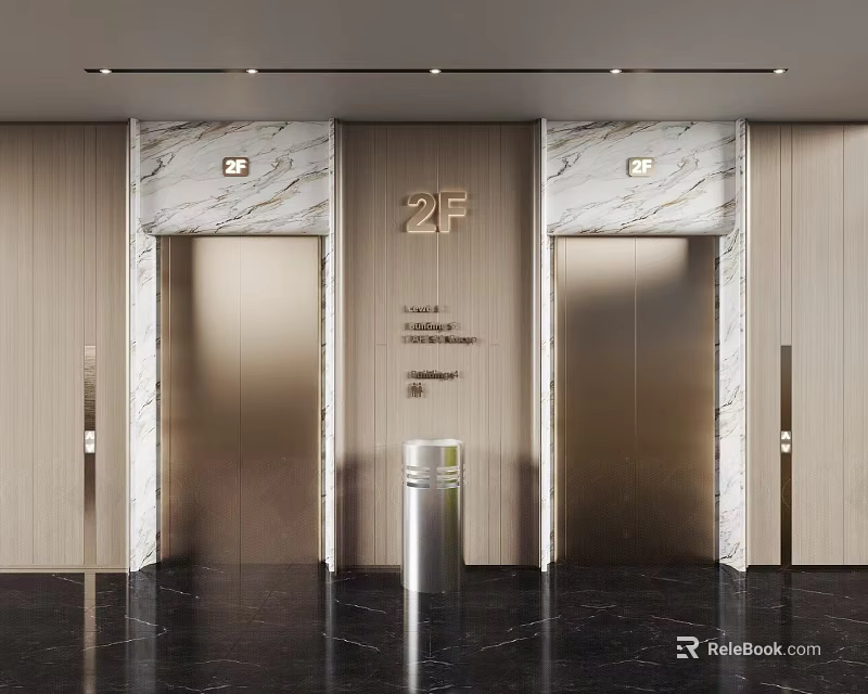 Elevator Lobby With 2F Sign Marble Walls Wooden Paneling And Ceiling Lights 3d model 