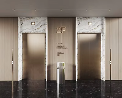 Elevator Lobby With 2F Sign Marble Walls Wooden Paneling And Ceiling Lights 3d model