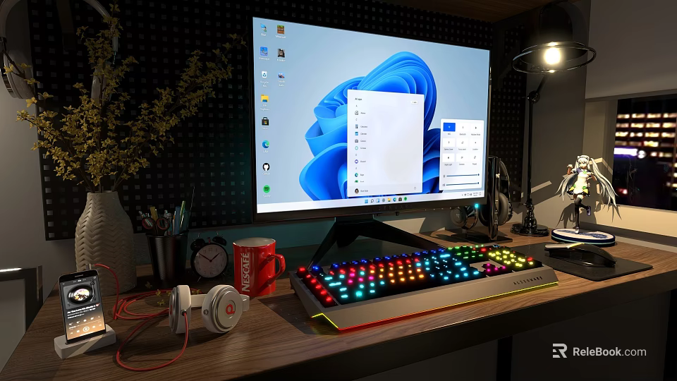 Modern Computer Monitor Desktop Setup With RGB Backlit Keyboard Headphones And Desk Accessories 3d model 