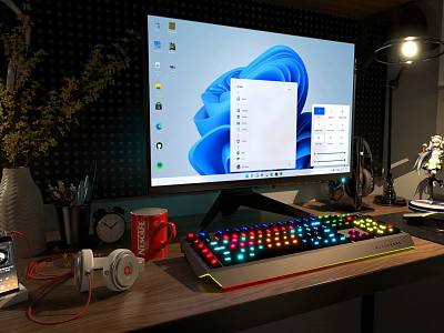 Modern Computer Monitor Desktop Setup With RGB Backlit Keyboard Headphones And Desk Accessories 3d model