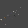 Ornate Weapon Collection Showcasing Various Staffs With Gemstone Inlays And Metal Accents