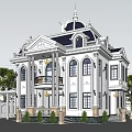 Elegant White Exterior Detached Villa With Black Roof Dome Statue And Balcony