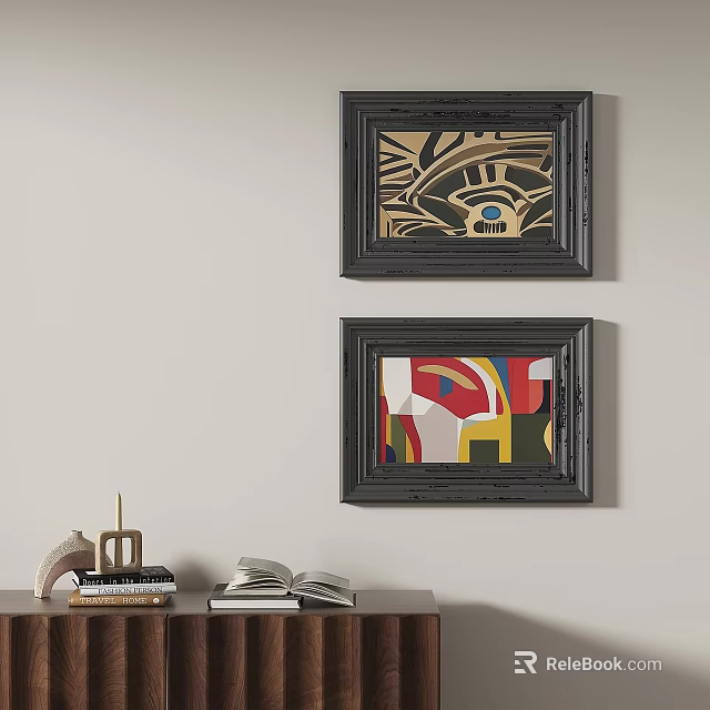 Colorful Abstract Paintings In Black Frames Hanging On Wall With Artistic Patterns 3d model