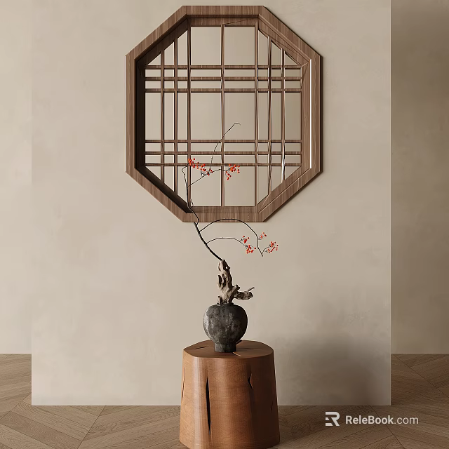 Wooden Lattice Window Decor in Modern Interior with Vase and Red Flower Branches 3d model 