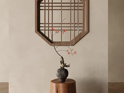 Wooden Lattice Window Decor in Modern Interior with Vase and Red Flower Branches 3d model