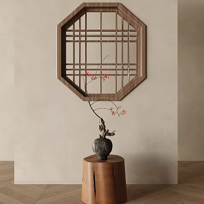 Wooden Lattice Window Decor in Modern Interior with Vase and Red Flower Branches 3d model