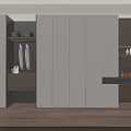 Modern Wardrobe Interior With White Doors Wooden Drawers Hanging Clothes Desk Round Mirror And Chair
