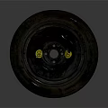 Old Worn Tire with Wheel Rim and Yellow Labels Showing Tread Patterns 3d model