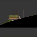 Miniature Circular Grassy Landscape Model Featuring Green Roof Building Small Shed Pathways And Utility Poles