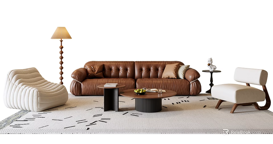 Brown Leather Sofa and Round Coffee Table Set with Cushions Floor Lamp and Accent Chair 3d model 