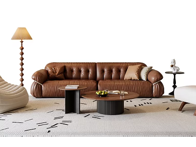 Brown Leather Sofa and Round Coffee Table Set with Cushions Floor Lamp and Accent Chair 3d model