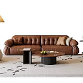 Brown Leather Sofa and Round Coffee Table Set with Cushions Floor Lamp and Accent Chair