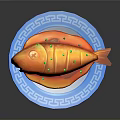 Delicious Cooked Orange Fish Served on Blue Patterned Plate with Green Garnish