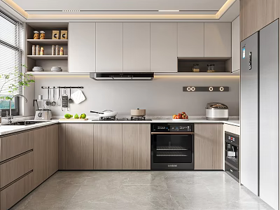 Modern Kitchen Interior With Gray Wooden Cabinets And Stainless Steel Appliances 3d model