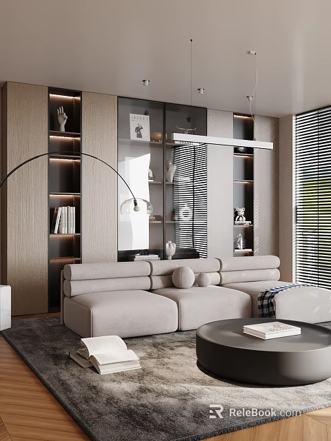 Modern Living Room Interior Design With Light Beige Sofa Arched Floor Lamp And Decorative Shelves 3d model 