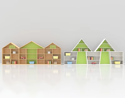 Colorful House Shaped Kids Bookcase With Green Wooden Shelves Containing Books And Toys 3d model