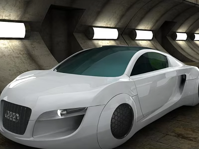 White Futuristic Concept Sports Car with Sleek Body Design in Modern Tunnel and Overhead Lighting 3d model