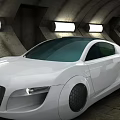 White Futuristic Concept Sports Car with Sleek Body Design in Modern Tunnel and Overhead Lighting
