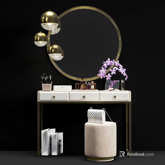 Elegant Vanity Table With Round Gold Mirror White Countertop And Purple Orchid 3d model 