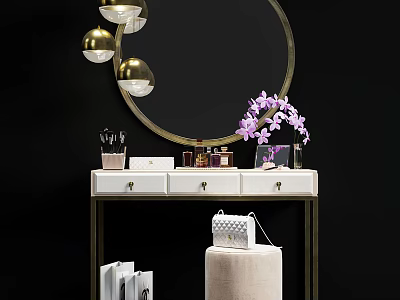 Elegant Vanity Table With Round Gold Mirror White Countertop And Purple Orchid 3d model