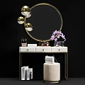 Elegant Vanity Table With Round Gold Mirror White Countertop And Purple Orchid
