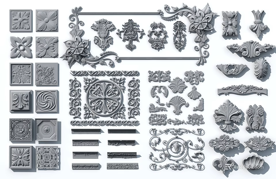 Ornamental Carvings With Floral Patterns Vintage Scrolls And Decorative Borders 3d model 