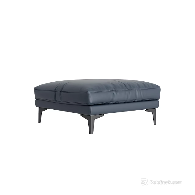 Stylish Navy Blue Leather Ottoman With Stitched Design And Black Slim Legs 3d model 