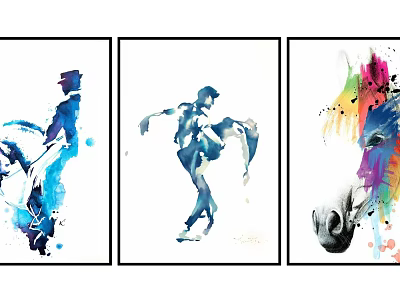 Abstract Wall Art Three Panel Dancing Figures With Watercolor Blue And Colorful Silhouette 3d model