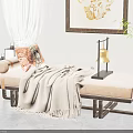 Elegant Ottoman With Blanket Pillows Table Lamp Curtains Decorative Art And Plant In Room