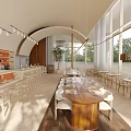 Modern Restaurant Interior with Open Layout Wooden Dining Tables Natural Light and Large Windows
