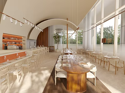 Modern Restaurant Interior with Open Layout Wooden Dining Tables Natural Light and Large Windows 3d model