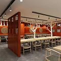Elegant Traditional Restaurant Interior With Wooden Partitions White Decorative Trees And Wooden Tables