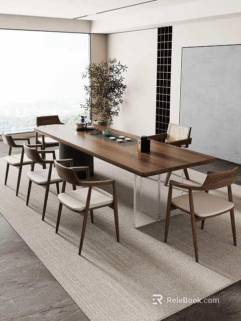 Modern Wooden Tea Table and Chairs Set with Tea Utensils in Minimalist Interior 3d model 